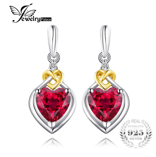 Earrings 3.4ct Created Red Ruby Love Knot Heart Earrings Women 925 Sterling Silver 18K Yellow Gold