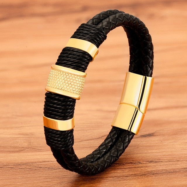 Bracelet Woven Leather Rope Wrapping Special Style Classic Stainless Steel Men's Leather