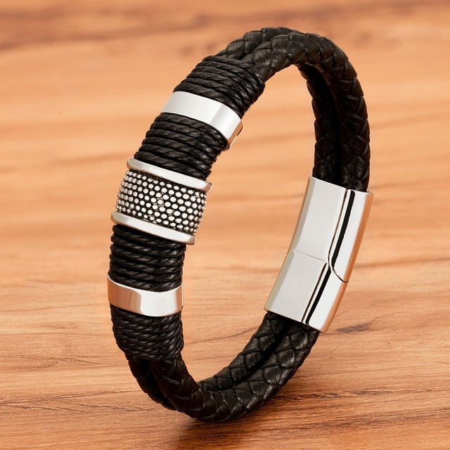 Bracelet Woven Leather Rope Wrapping Special Style Classic Stainless Steel Men's Leather