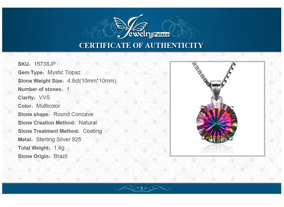 Pendant JewelryPalace 4.8ct Round Rainbow Topaz Genuine 925 Sterling Silver Without a Chain