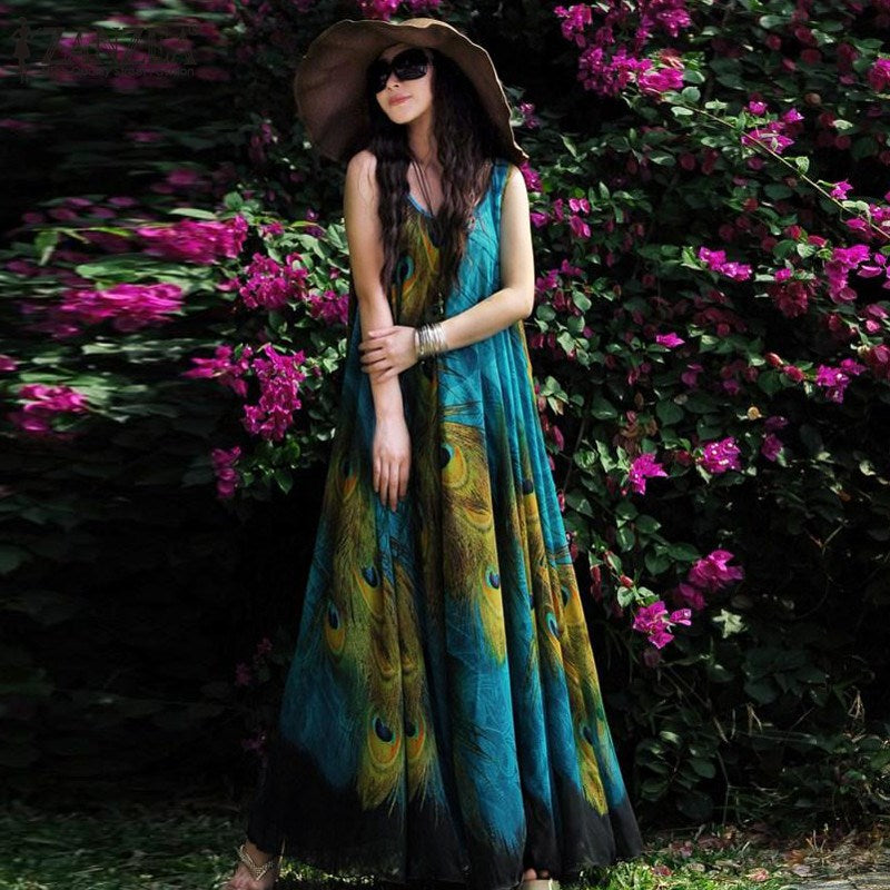 ZANZEA Oversize Womens Boho Chiffon Peacock Floral Sleeveless Beach Tunic Long Maxi Dress Sundress