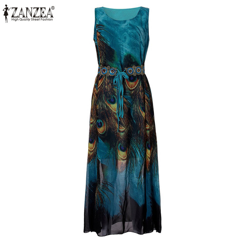 ZANZEA Oversize Womens Boho Chiffon Peacock Floral Sleeveless Beach Tunic Long Maxi Dress Sundress
