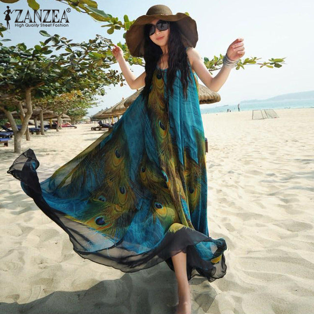 ZANZEA Oversize Womens Boho Chiffon Peacock Floral Sleeveless Beach Tunic Long Maxi Dress Sundress