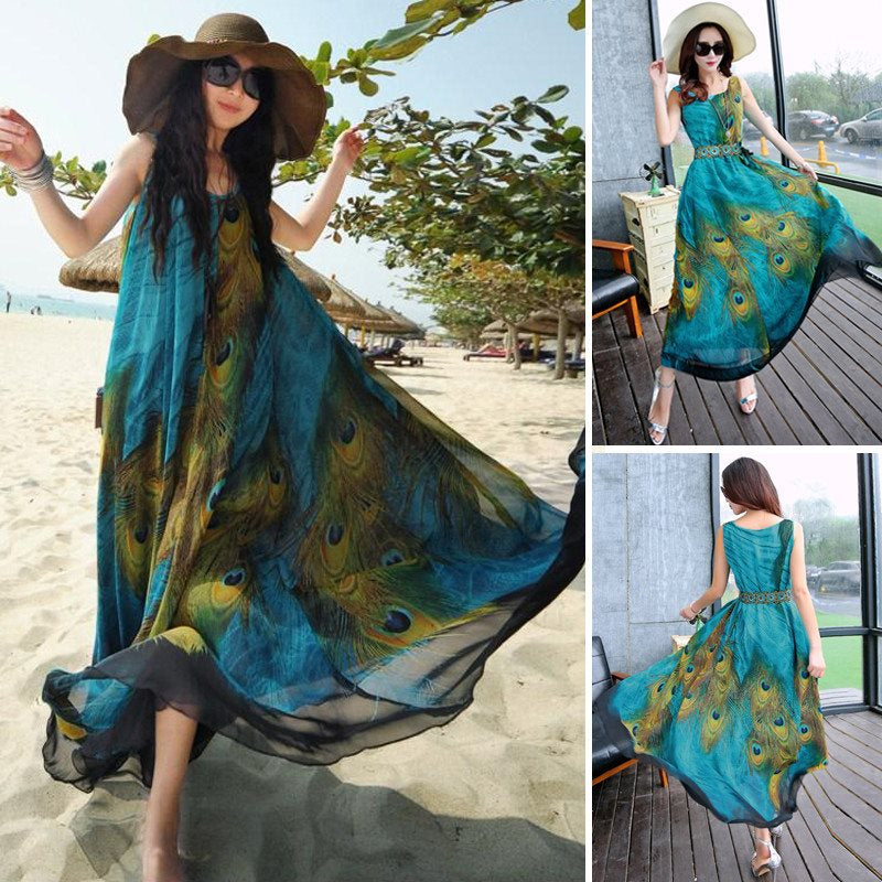 ZANZEA Oversize Womens Boho Chiffon Peacock Floral Sleeveless Beach Tunic Long Maxi Dress Sundress
