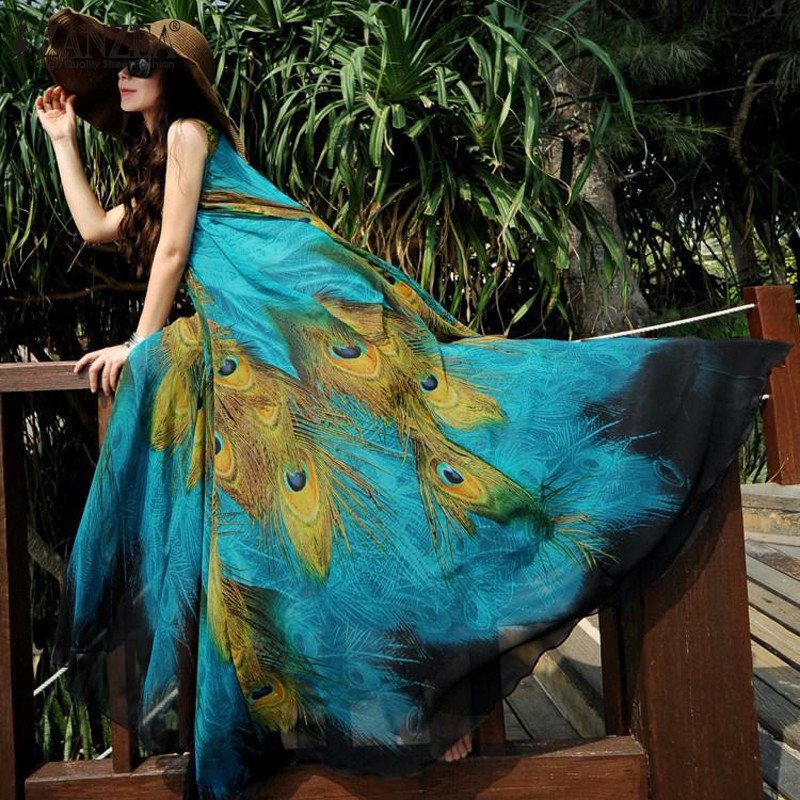 ZANZEA Oversize Womens Boho Chiffon Peacock Floral Sleeveless Beach Tunic Long Maxi Dress Sundress