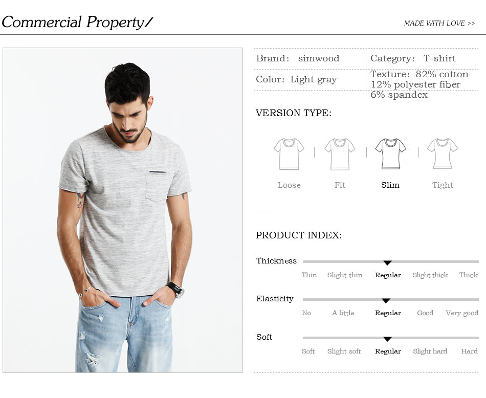 SIMWOOD T Shirt Men O neck Curl Hem Pocket Slim Fit