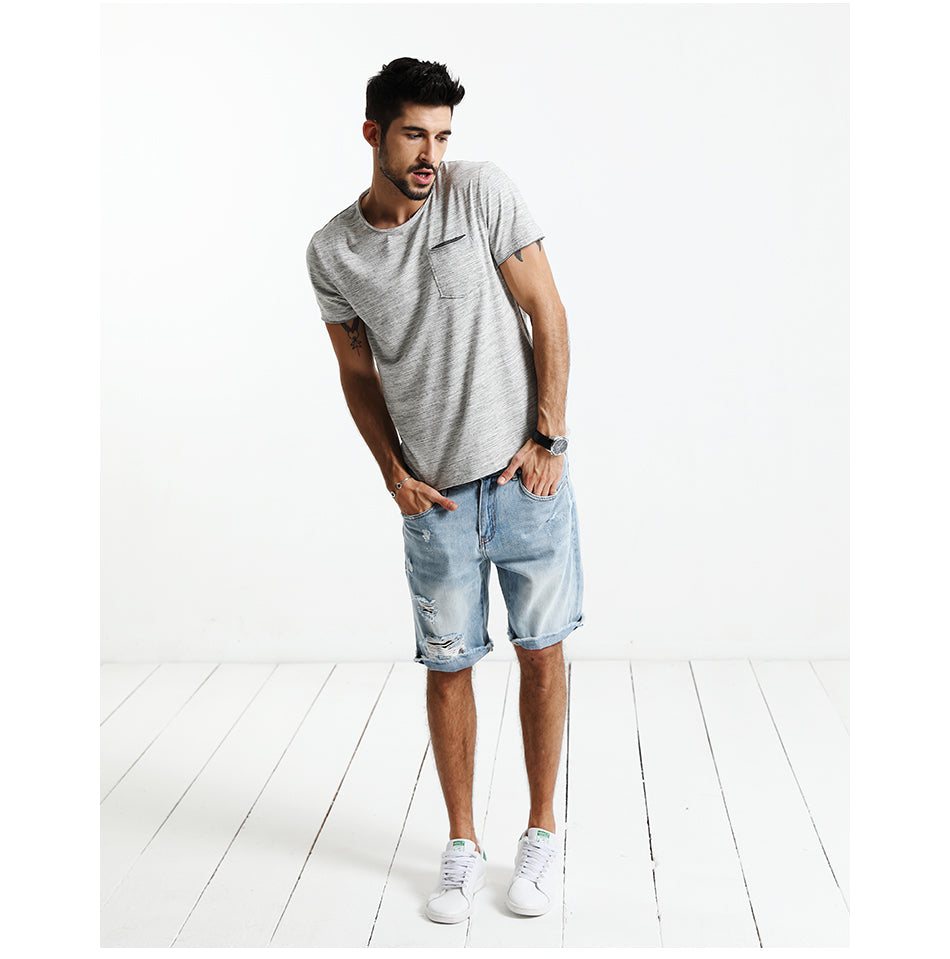 SIMWOOD T Shirt Men O neck Curl Hem Pocket Slim Fit
