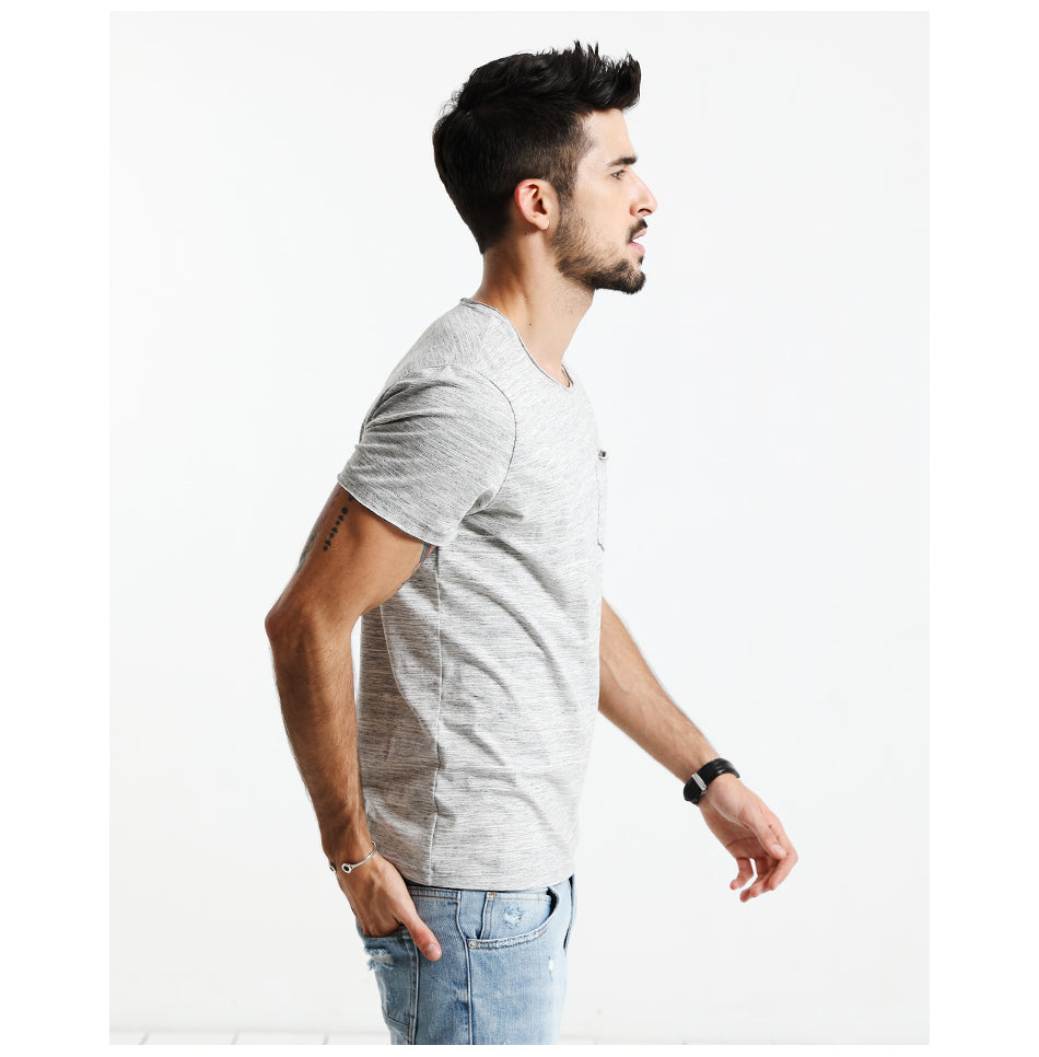 SIMWOOD T Shirt Men O neck Curl Hem Pocket Slim Fit