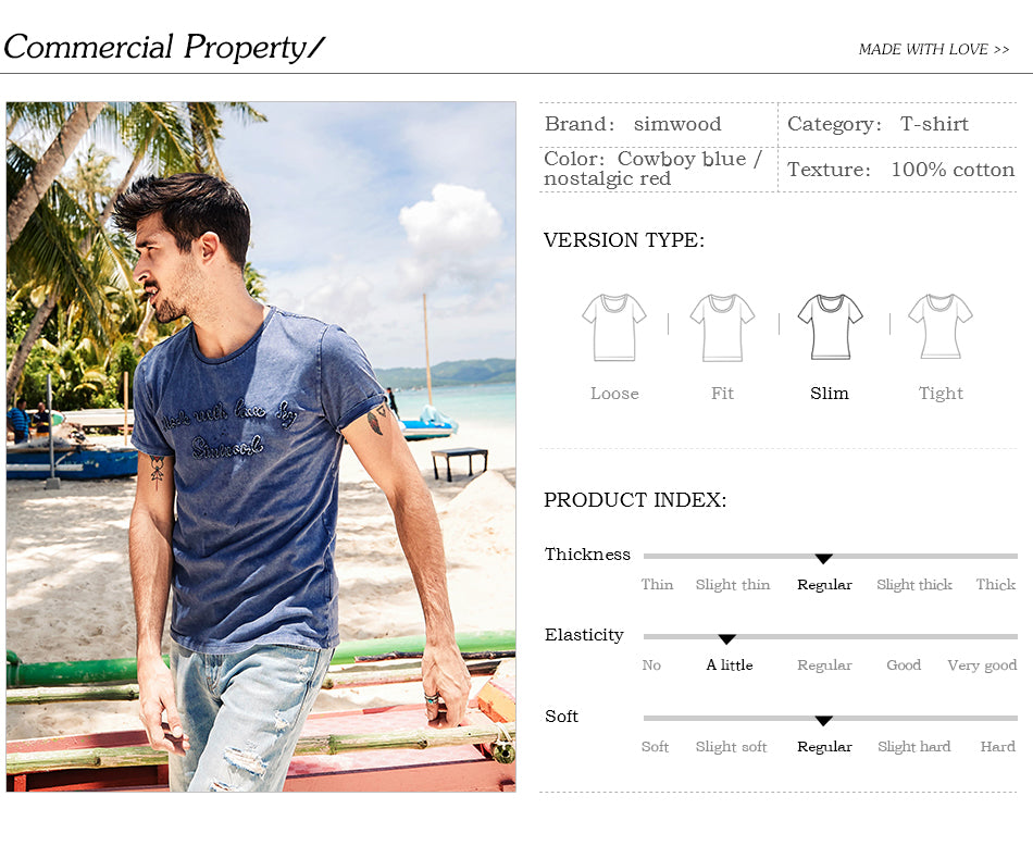 SIMWOOD T Shirt Men 100% Pure Cotton Vintage Letter embroidered Slim Fit Tops Brand Clothing TD1152