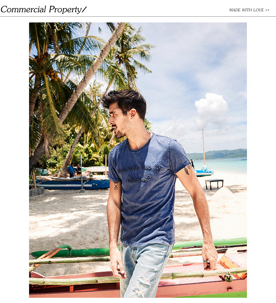 SIMWOOD T Shirt Men 100% Pure Cotton Vintage Letter embroidered Slim Fit Tops Brand Clothing TD1152