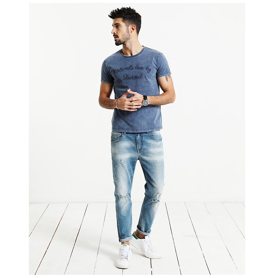 SIMWOOD T Shirt Men 100% Pure Cotton Vintage Letter embroidered Slim Fit Tops Brand Clothing TD1152