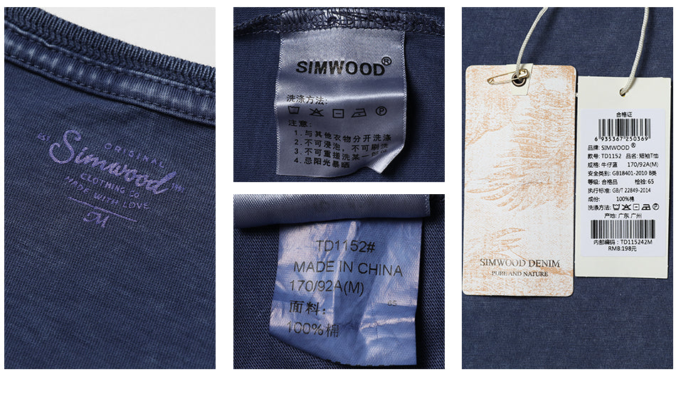 SIMWOOD T Shirt Men 100% Pure Cotton Vintage Letter embroidered Slim Fit Tops Brand Clothing TD1152