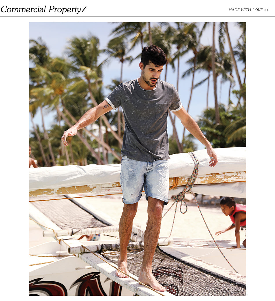 SIMWOOD T Shirt Men Print White dot Curl Hem Slim Fit Fashion 100% Pure Cotton