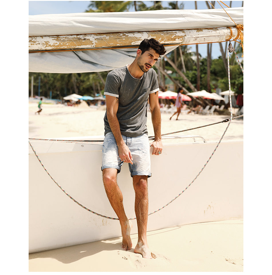 SIMWOOD T Shirt Men Print White dot Curl Hem Slim Fit Fashion 100% Pure Cotton