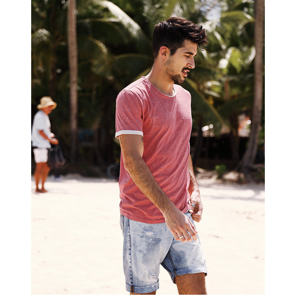 SIMWOOD T Shirt Men Print White dot Curl Hem Slim Fit Fashion 100% Pure Cotton