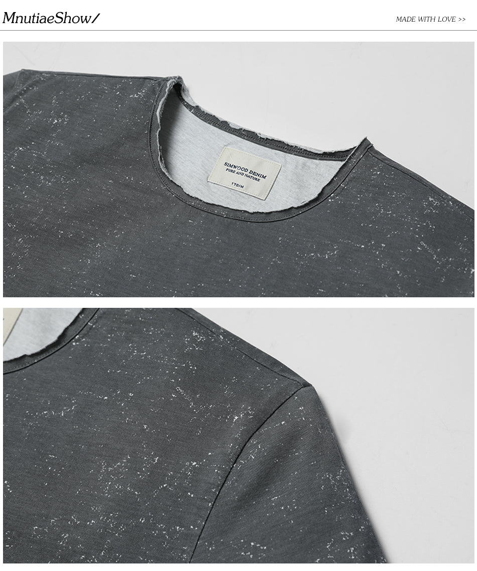 SIMWOOD T Shirt Men Print White dot Curl Hem Slim Fit Fashion 100% Pure Cotton