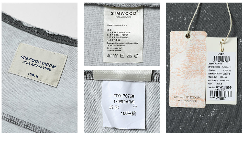 SIMWOOD T Shirt Men Print White dot Curl Hem Slim Fit Fashion 100% Pure Cotton