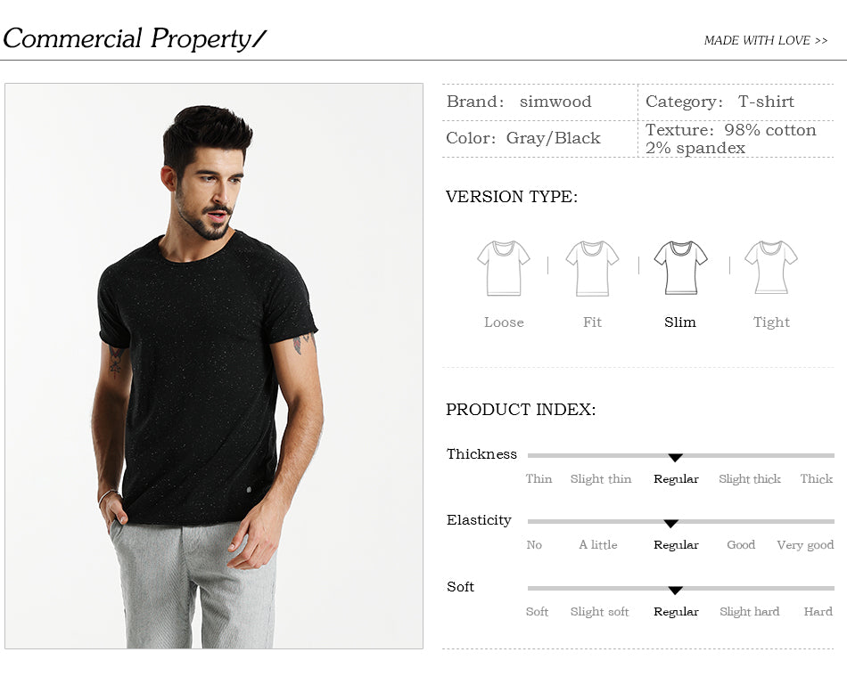 SIMWOOD T Shirt Men Colored Cotton Fashion Slim Fit