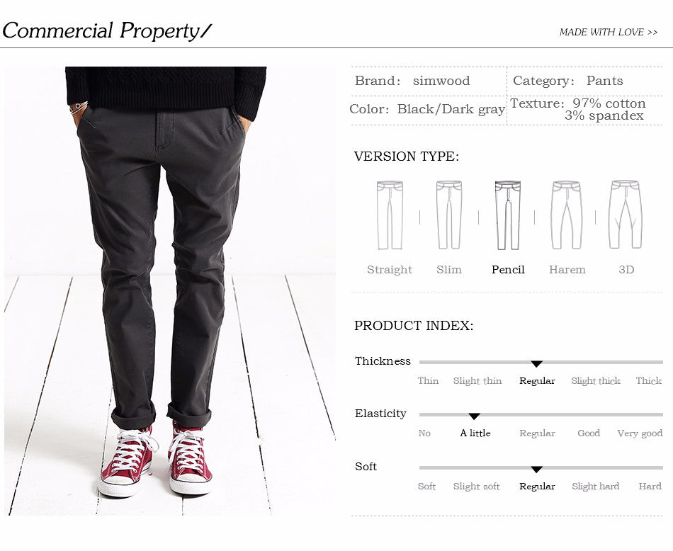 SIMWOOD Pants Men Fashion Long Trouser Cotton High Quality