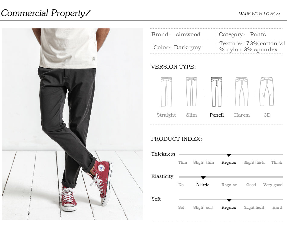 SIMWOOD Casual Pants Men Deep Gray Slim High Quality Plus Size