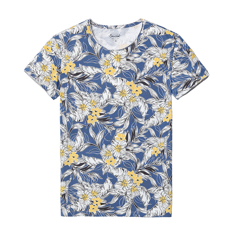 SIMWOOD Hawaiian Print Short Sleeve 100% Pure Cotton Slim Fit Skinny Fashion Tees Brand Clothing