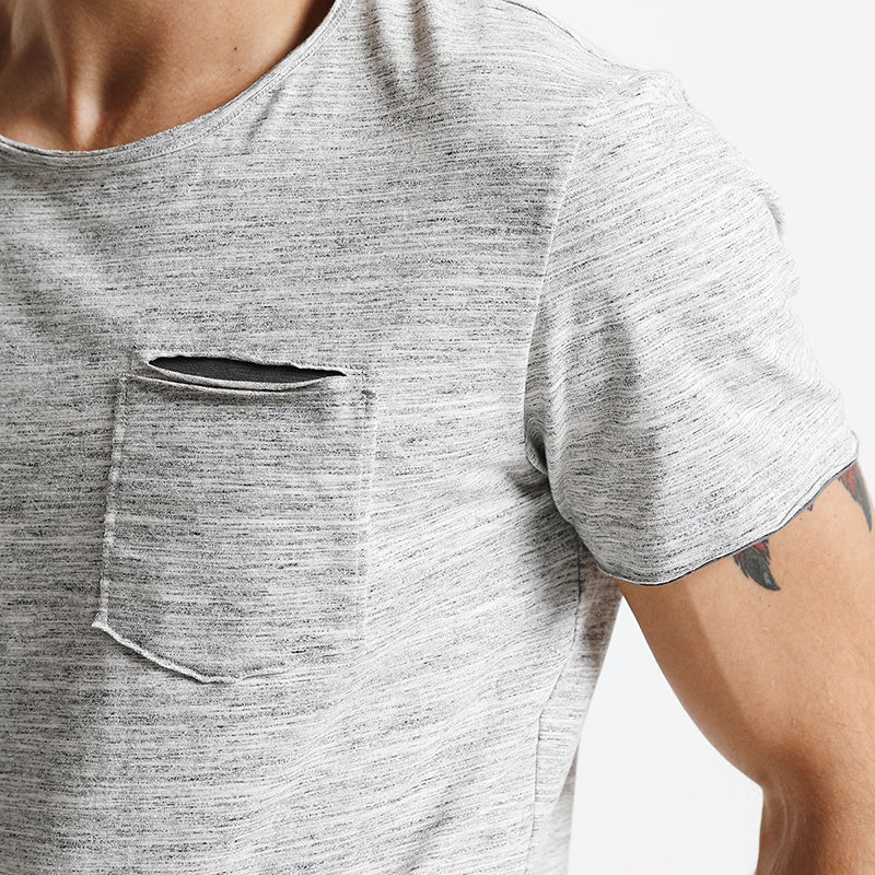 SIMWOOD T Shirt Men O neck Curl Hem Pocket Slim Fit
