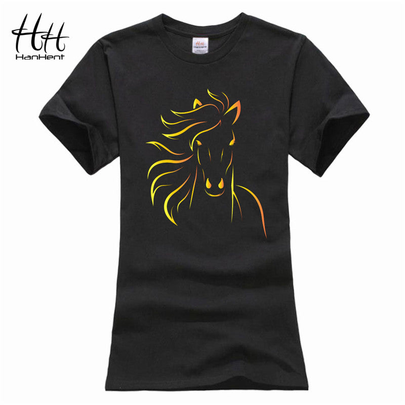 T-shirts HanHent Brand Design Print Horse Women Tshirt Girls Black T-Shirt