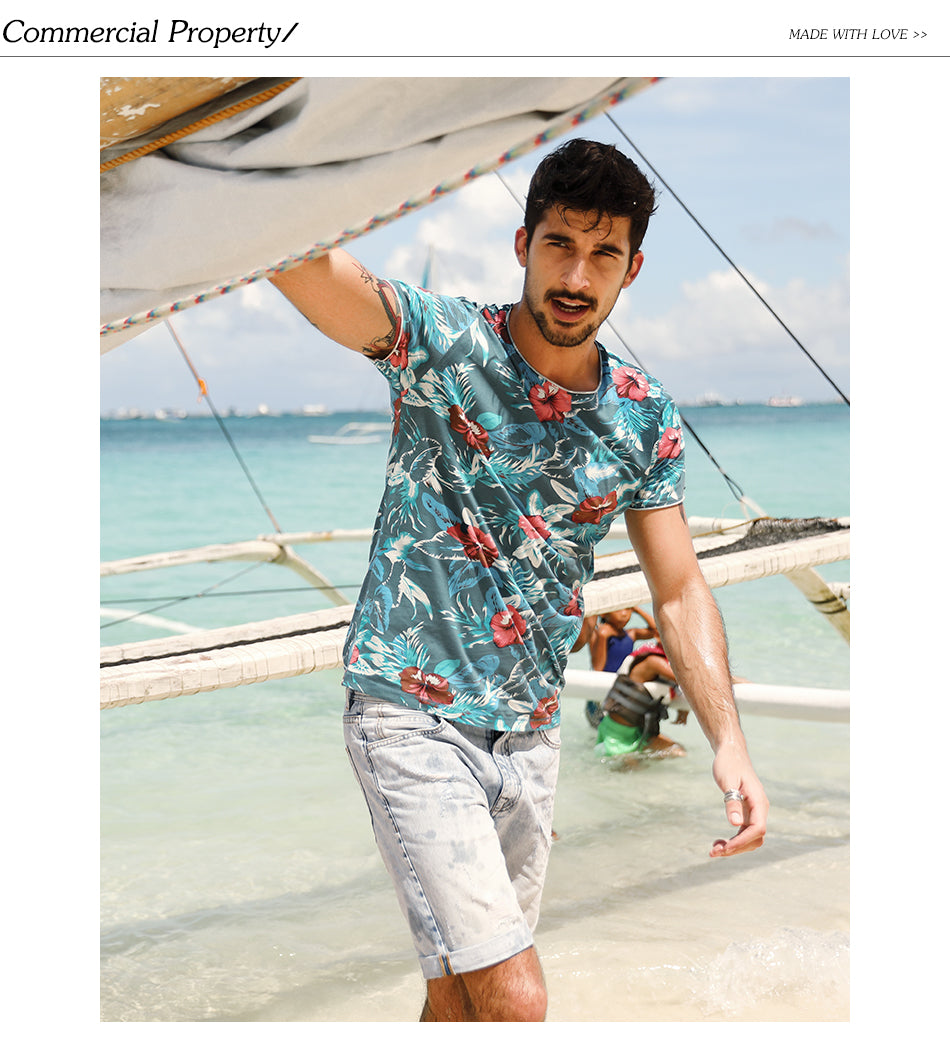 SIMWOOD Hawaiian T Shirts Men 100% Pure Cotton Brand Clothing Print Tees Plus Size