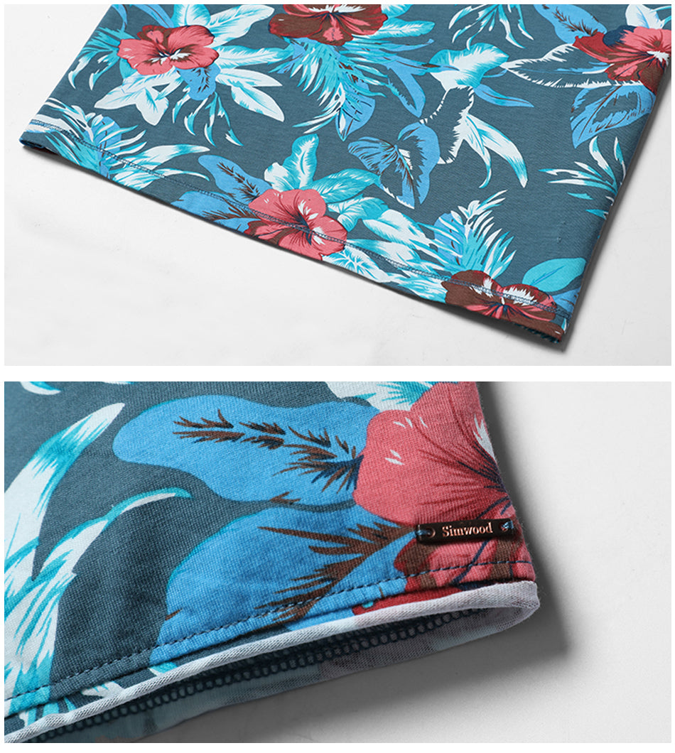 SIMWOOD Hawaiian T Shirts Men 100% Pure Cotton Brand Clothing Print Tees Plus Size