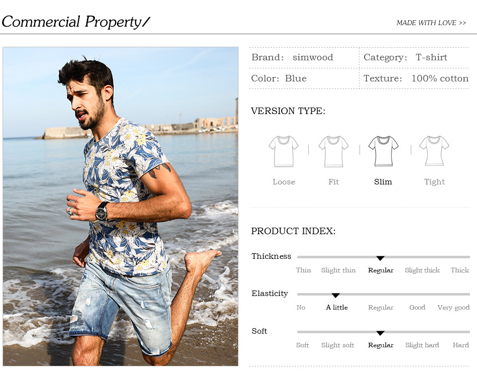 SIMWOOD Hawaiian Print Short Sleeve 100% Pure Cotton Slim Fit Skinny Fashion Tees Brand Clothing