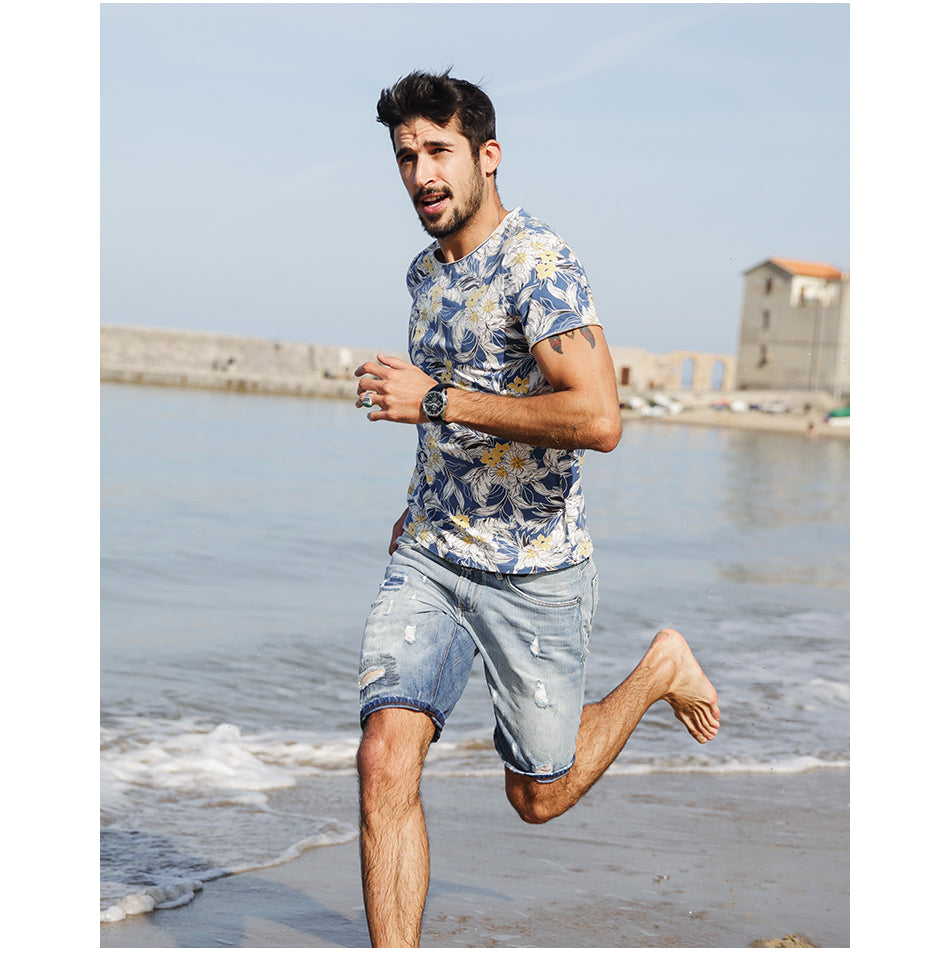 SIMWOOD Hawaiian Print Short Sleeve 100% Pure Cotton Slim Fit Skinny Fashion Tees Brand Clothing