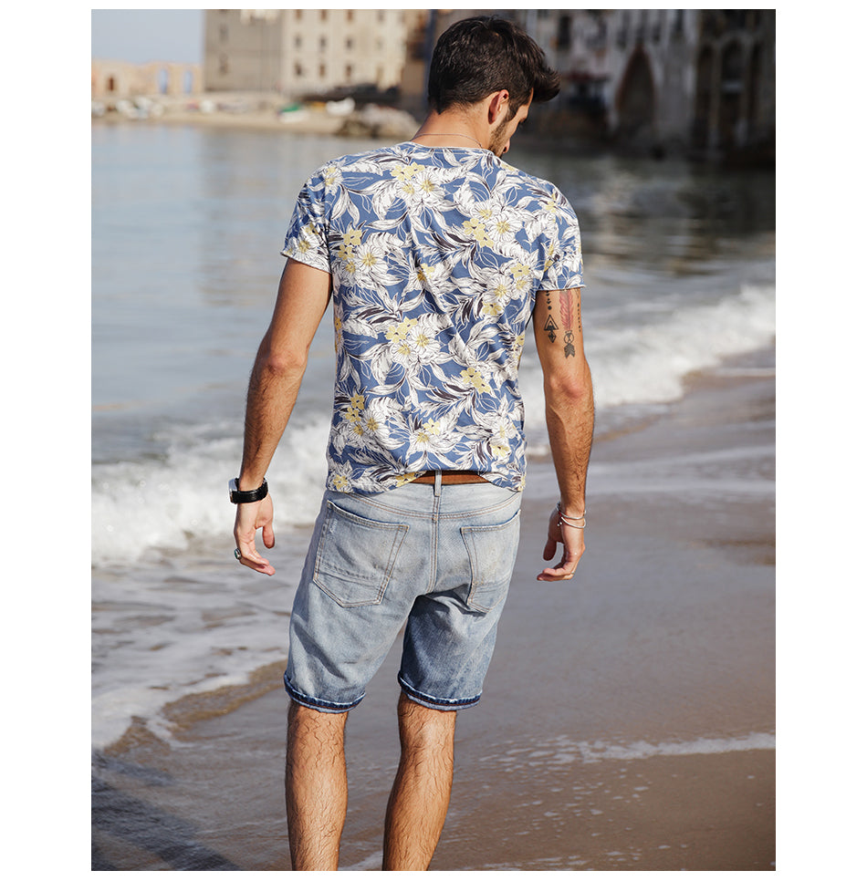 SIMWOOD Hawaiian Print Short Sleeve 100% Pure Cotton Slim Fit Skinny Fashion Tees Brand Clothing