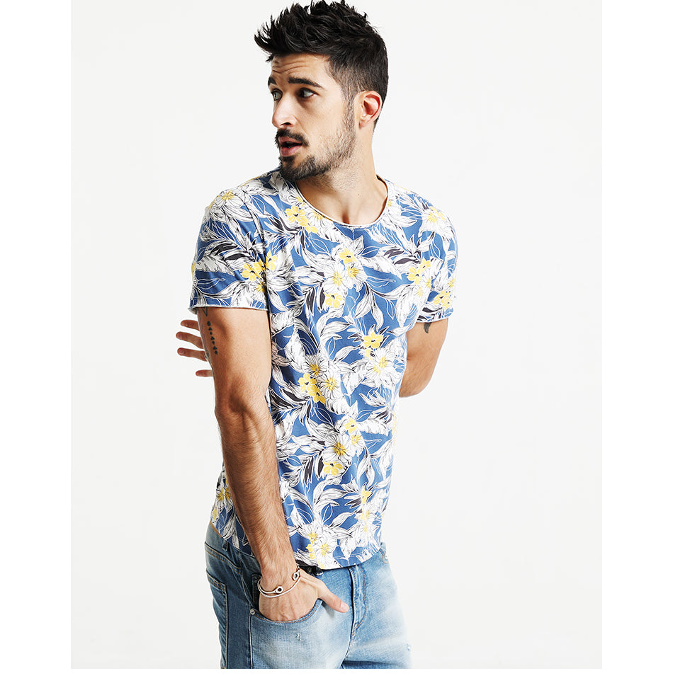 SIMWOOD Hawaiian Print Short Sleeve 100% Pure Cotton Slim Fit Skinny Fashion Tees Brand Clothing