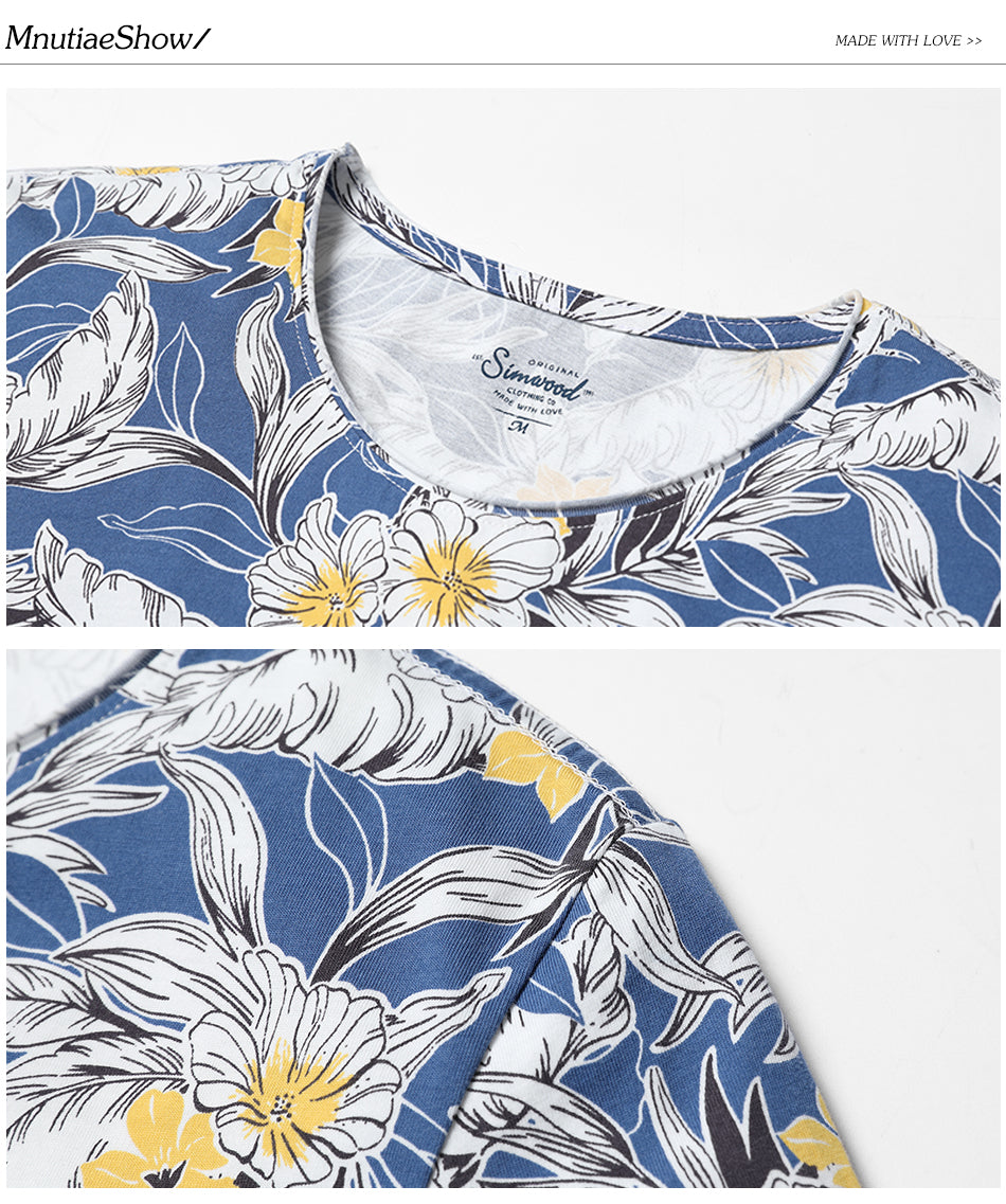 SIMWOOD Hawaiian Print Short Sleeve 100% Pure Cotton Slim Fit Skinny Fashion Tees Brand Clothing