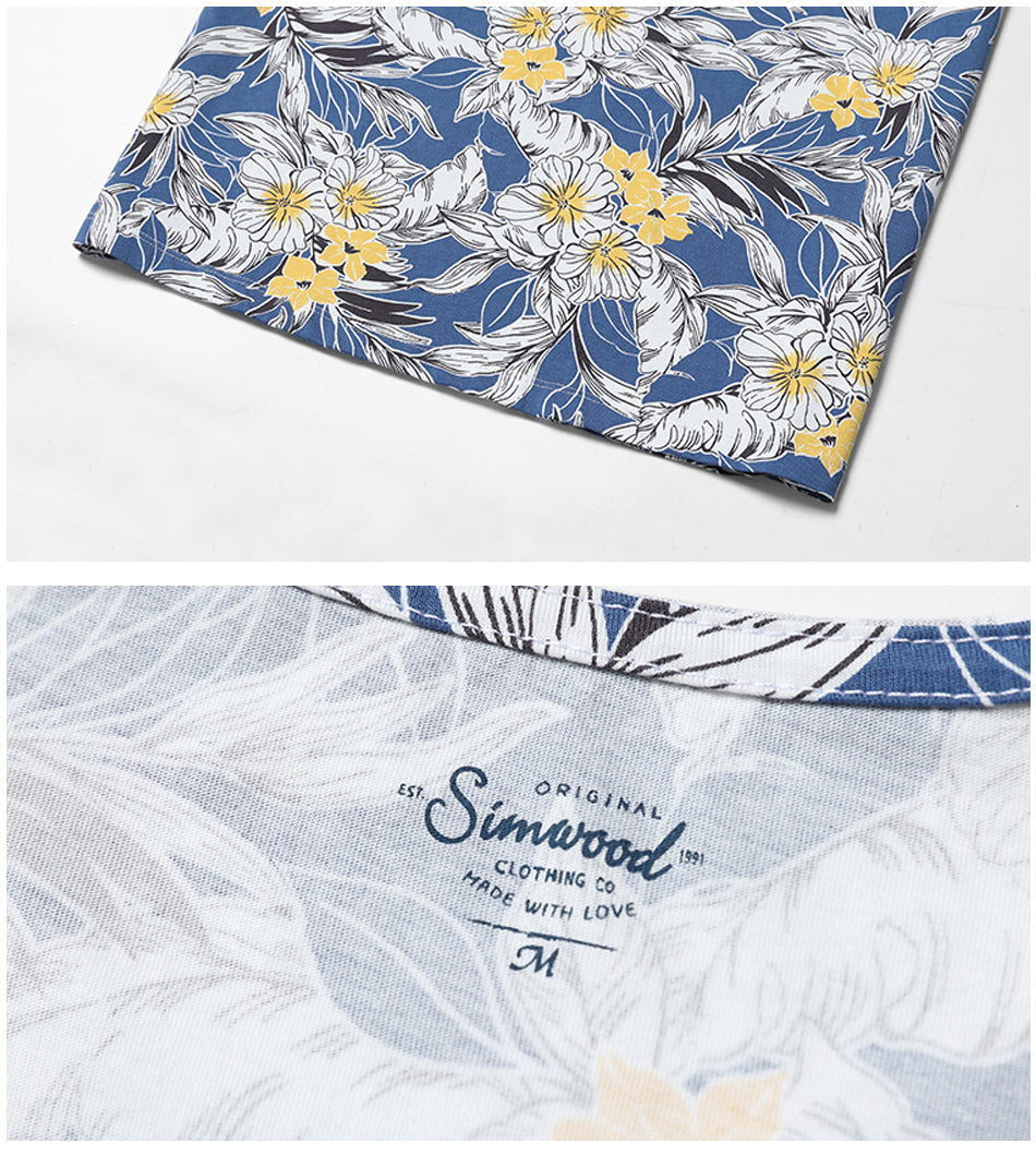 SIMWOOD Hawaiian Print Short Sleeve 100% Pure Cotton Slim Fit Skinny Fashion Tees Brand Clothing