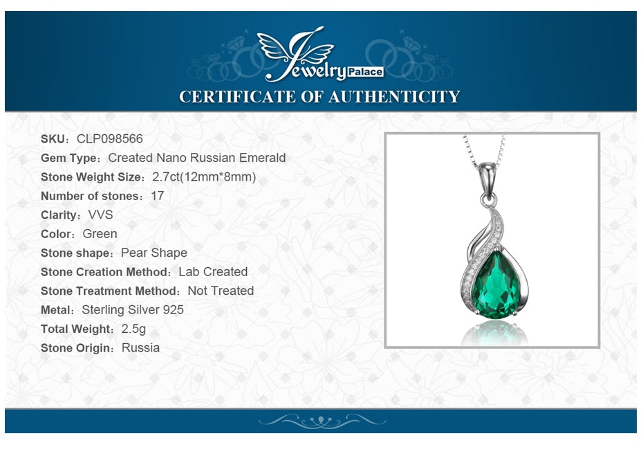 JewelryPalace Women 3.5 ct High Quality Nano Russian Emerald Pendant Set Pure 925 Sterling Solid Silver Jewelry Without Chain