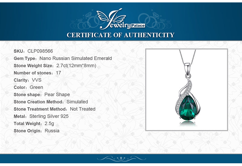JewelryPalace Women 3.5 ct High Quality Nano Russian Emerald Pendant Set Pure 925 Sterling Solid Silver Jewelry Without Chain