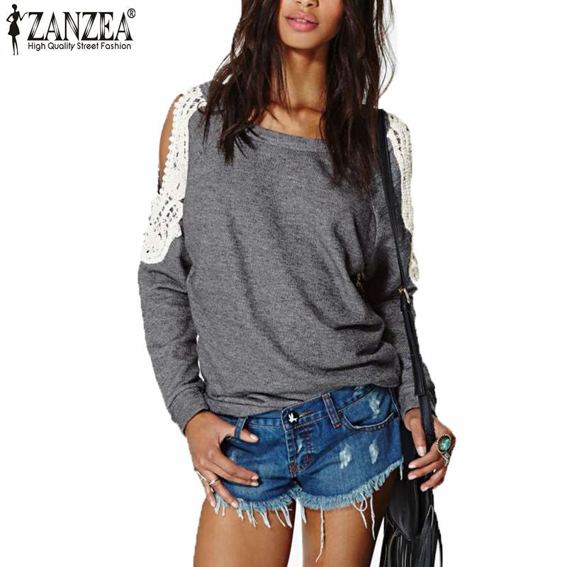 Zanzea Blusa Autumn Women Casual Sexy Plus Size Lace Crochet off Shoulder Long Sleeve Tops Hoodies Sweatshirt