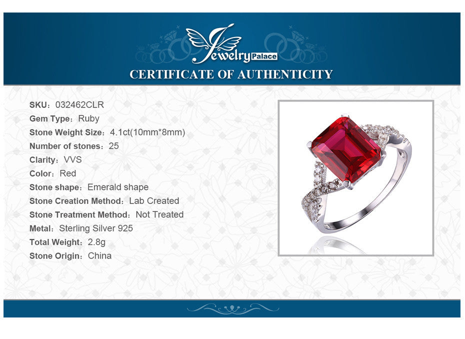 Rings JewelryPalace Emerald Cut 4.6ct Created Red Ruby 925 Sterling Silver Women