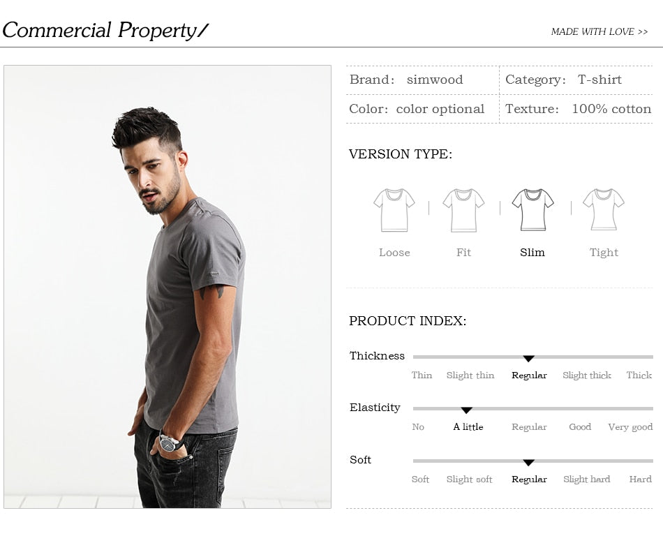 SIMWOOD 2019 New T Shirt Men Slim Fit Solid Color fitness Casual Tops 100% Cotton Comfortable High Quality Plus Size TD017101