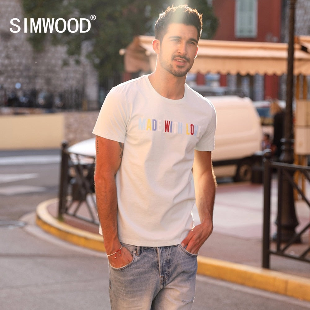 SIMWOOD New 2019 Summer T-Shirt Men Short Sleeve Slim Casual Cotton Tees Literal Thoughts Plus Size Tops Brand Clothing 180289
