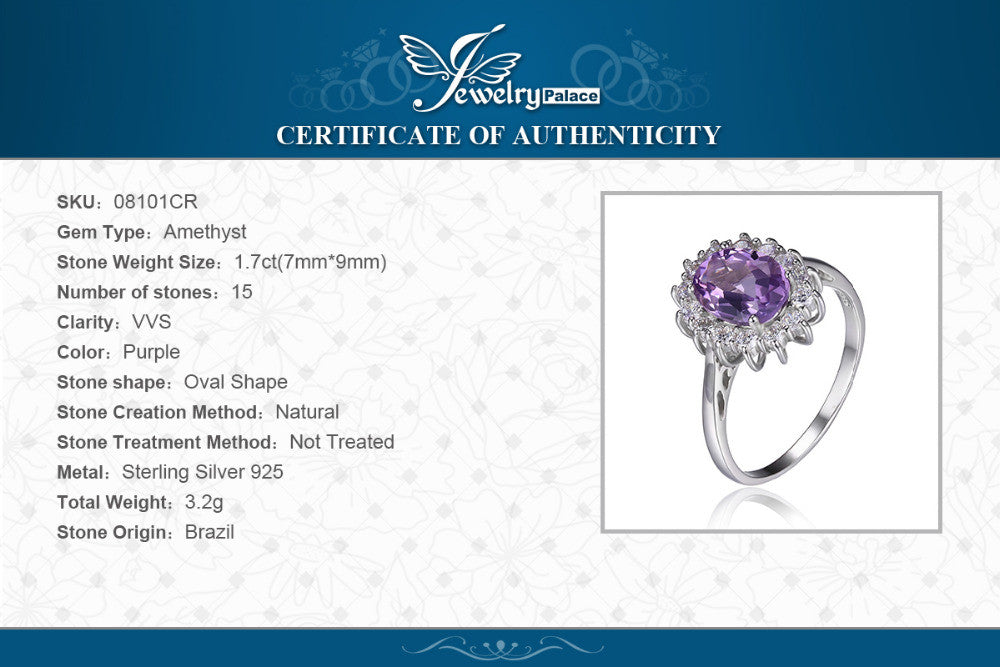 Ring 2.3ct Oval Natural Amethyst 925 Sterling Silver Charm Princess Diana Engagement Rings