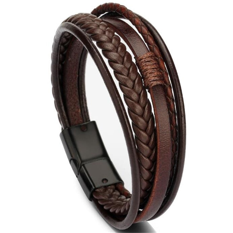 Trendy Genuine Leather Bracelets Men Stainless Steel Multilayer Braided Rope Bracelets for Male