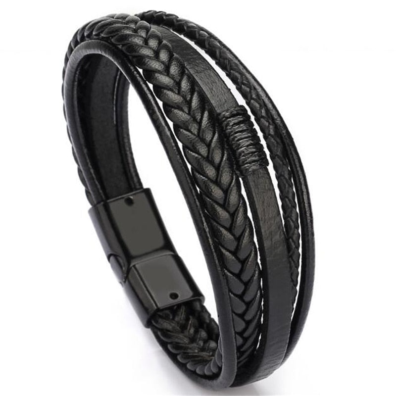 Trendy Genuine Leather Bracelets Men Stainless Steel Multilayer Braided Rope Bracelets for Male