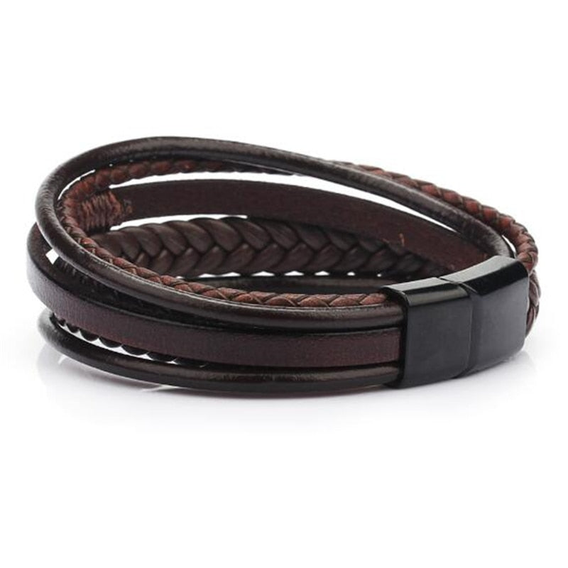 Trendy Genuine Leather Bracelets Men Stainless Steel Multilayer Braided Rope Bracelets for Male