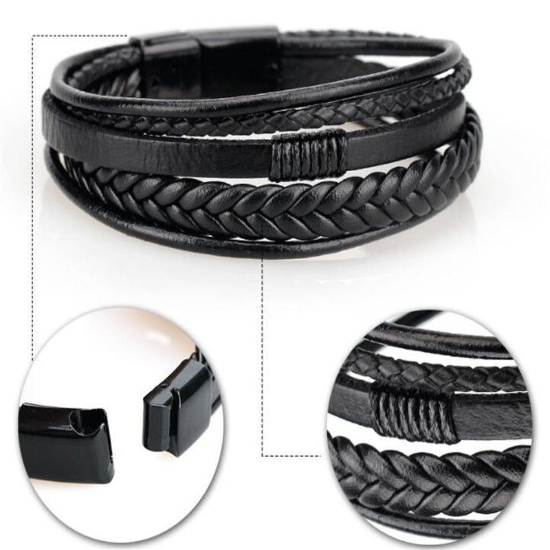 Trendy Genuine Leather Bracelets Men Stainless Steel Multilayer Braided Rope Bracelets for Male