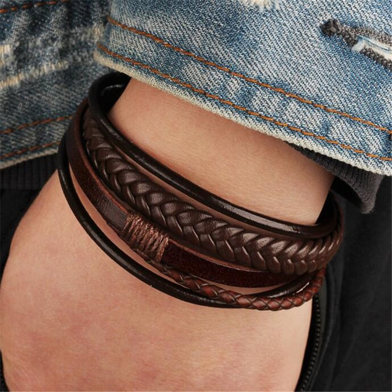 Trendy Genuine Leather Bracelets Men Stainless Steel Multilayer Braided Rope Bracelets for Male