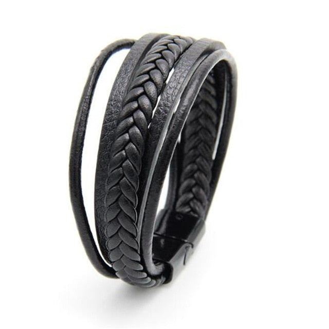 Trendy Genuine Leather Bracelets Men Stainless Steel Multilayer Braided Rope Bracelets for Male