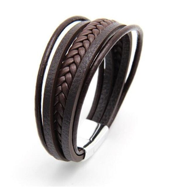 Trendy Genuine Leather Bracelets Men Stainless Steel Multilayer Braided Rope Bracelets for Male