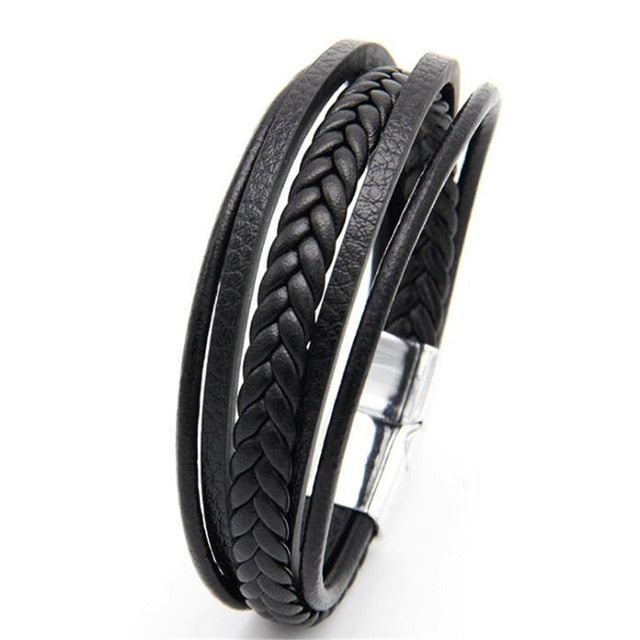 Trendy Genuine Leather Bracelets Men Stainless Steel Multilayer Braided Rope Bracelets for Male